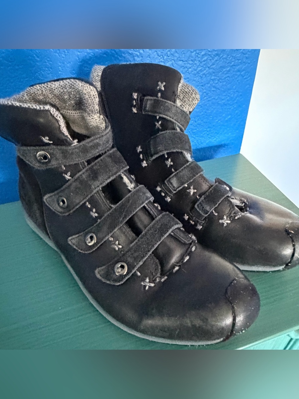 Timberland Brand Black Leather Suede Strap Ankle Boots with Stitch Detail